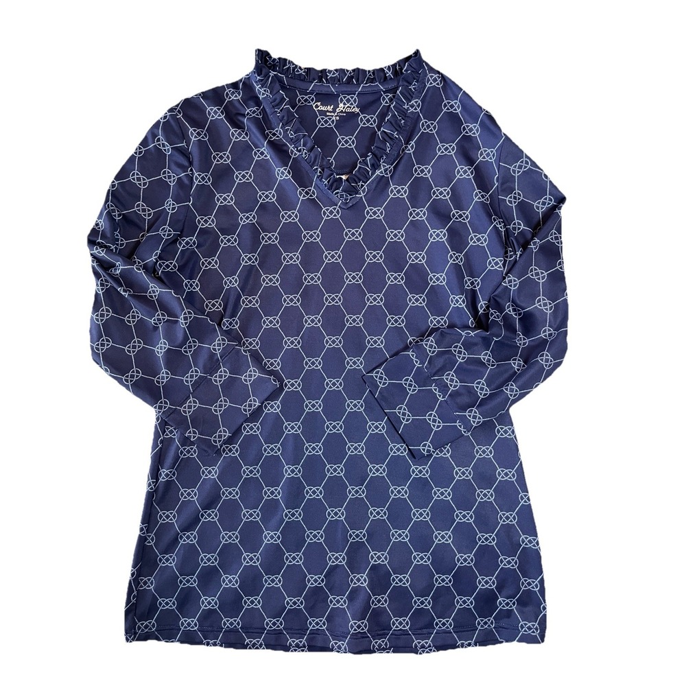 Court Haley Women's Golf Top Long Sleeves Knot Print Shirt Sz XS V Neck Ruffle